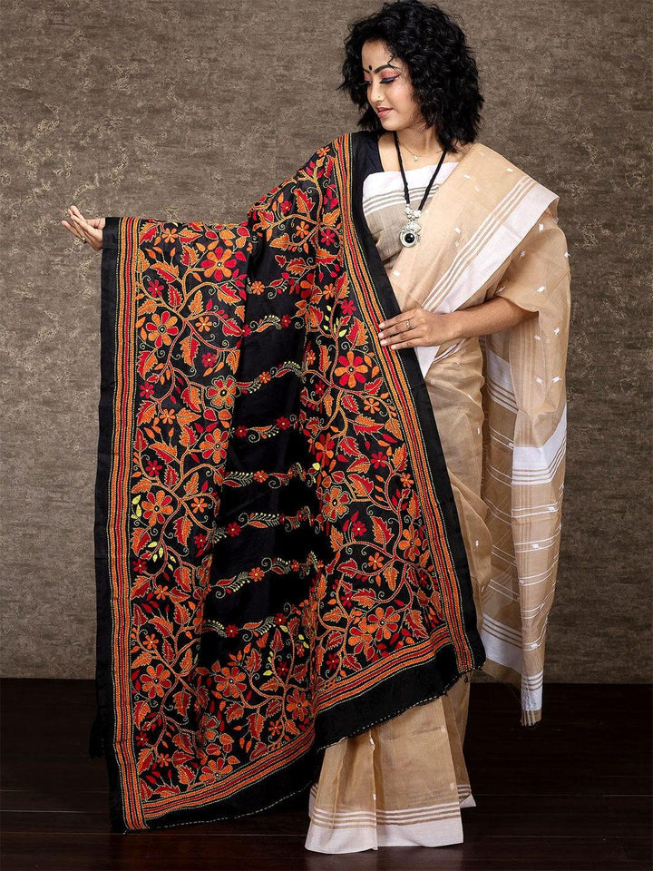 Black Bangalore Silk Floral Kantha Stitch Dupatta - WeaversIndia