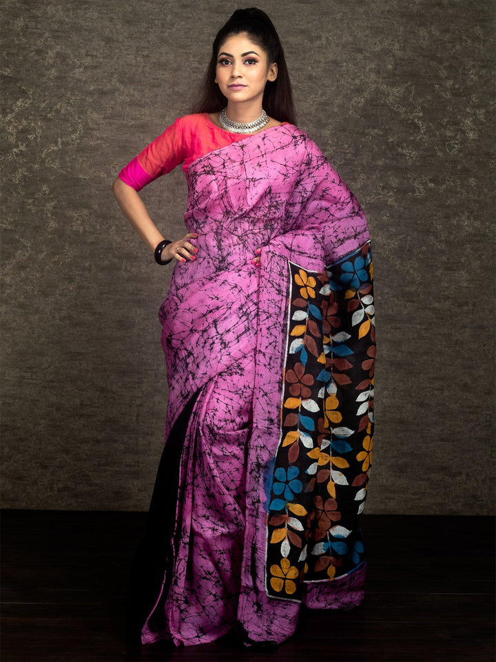Black Batik Printed Murshidabad Silk Saree - WeaversIndia