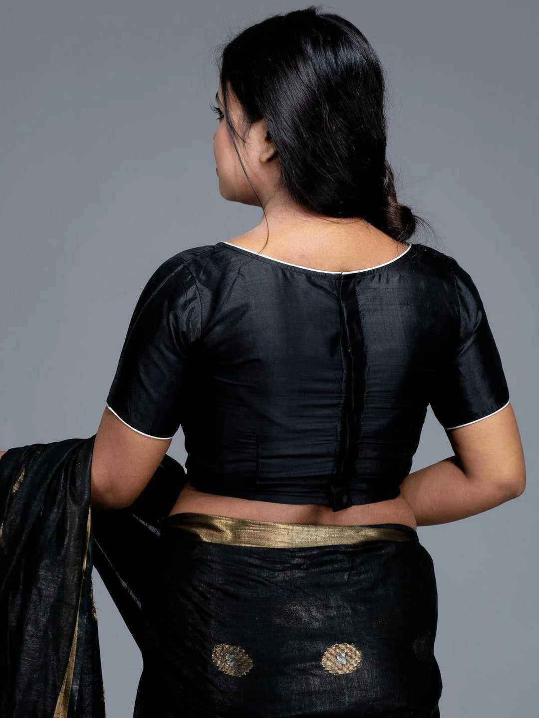 Black Boat Neck Bishnupuri Katan Silk Blouse - WeaversIndia