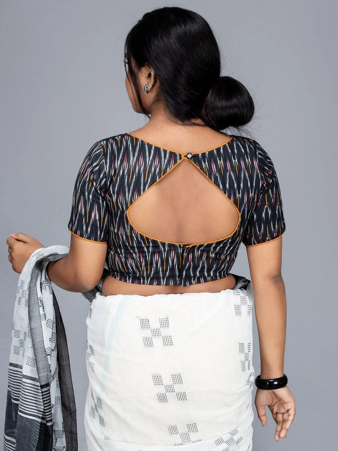 Black Cotton Ikkat Boat Neck Blouse - WeaversIndia