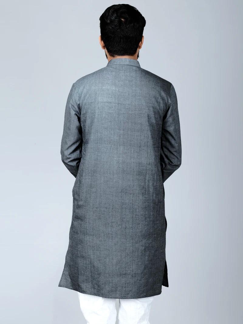 Black Grey Handwoven Organic Cotton Men Kurta - WeaversIndia