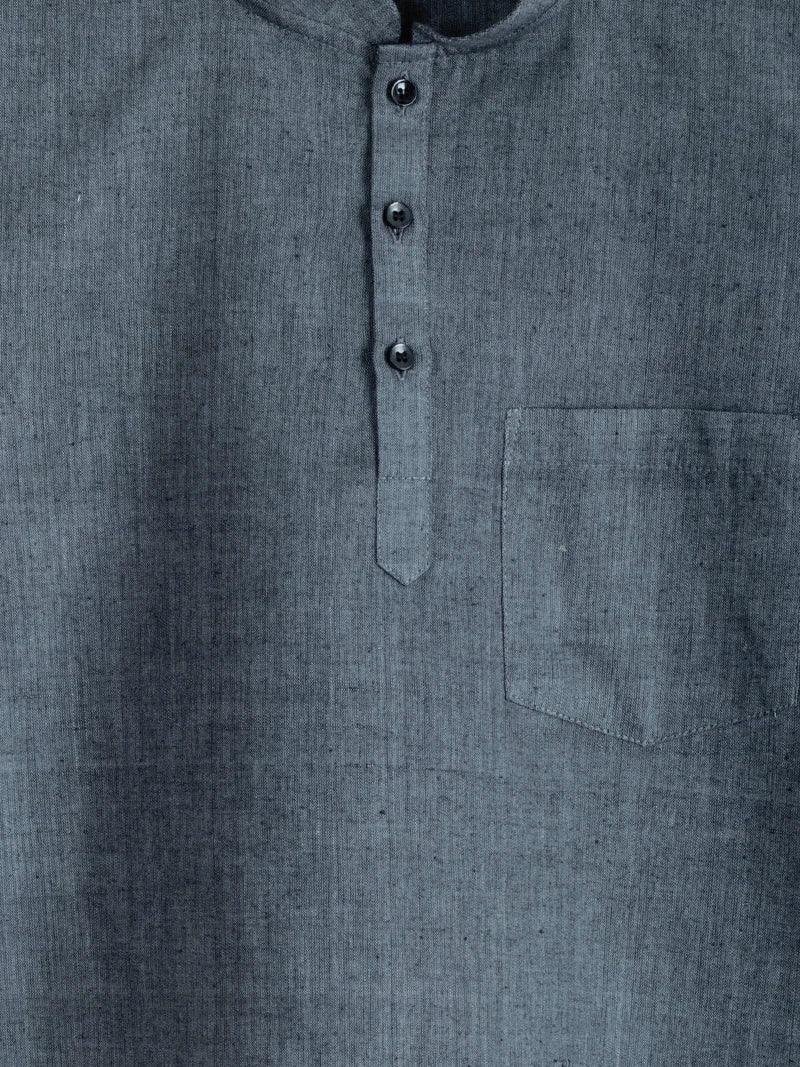 Black Grey Handwoven Organic Cotton Men Short Kurta - WeaversIndia