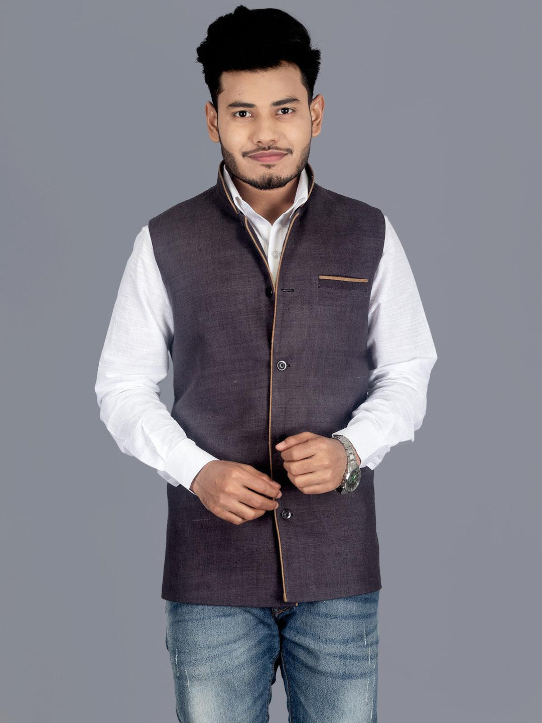 Black Grey Matka Silk Modi Jacket - WeaversIndia