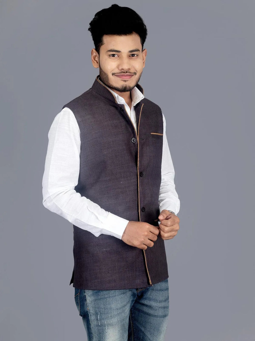 Black Grey Matka Silk Modi Jacket - WeaversIndia