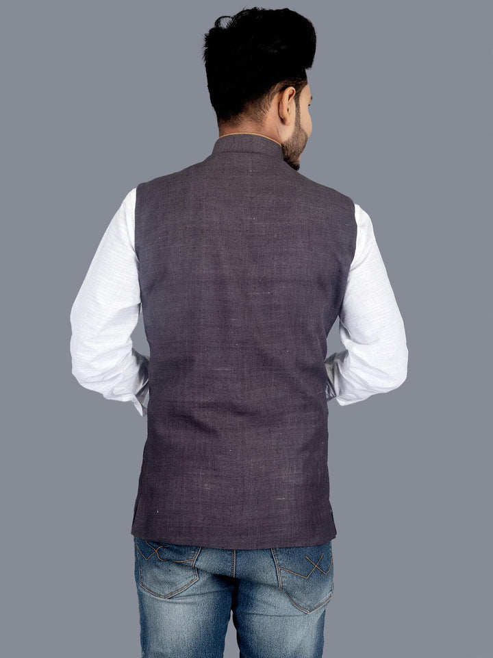Black Grey Matka Silk Modi Jacket - WeaversIndia