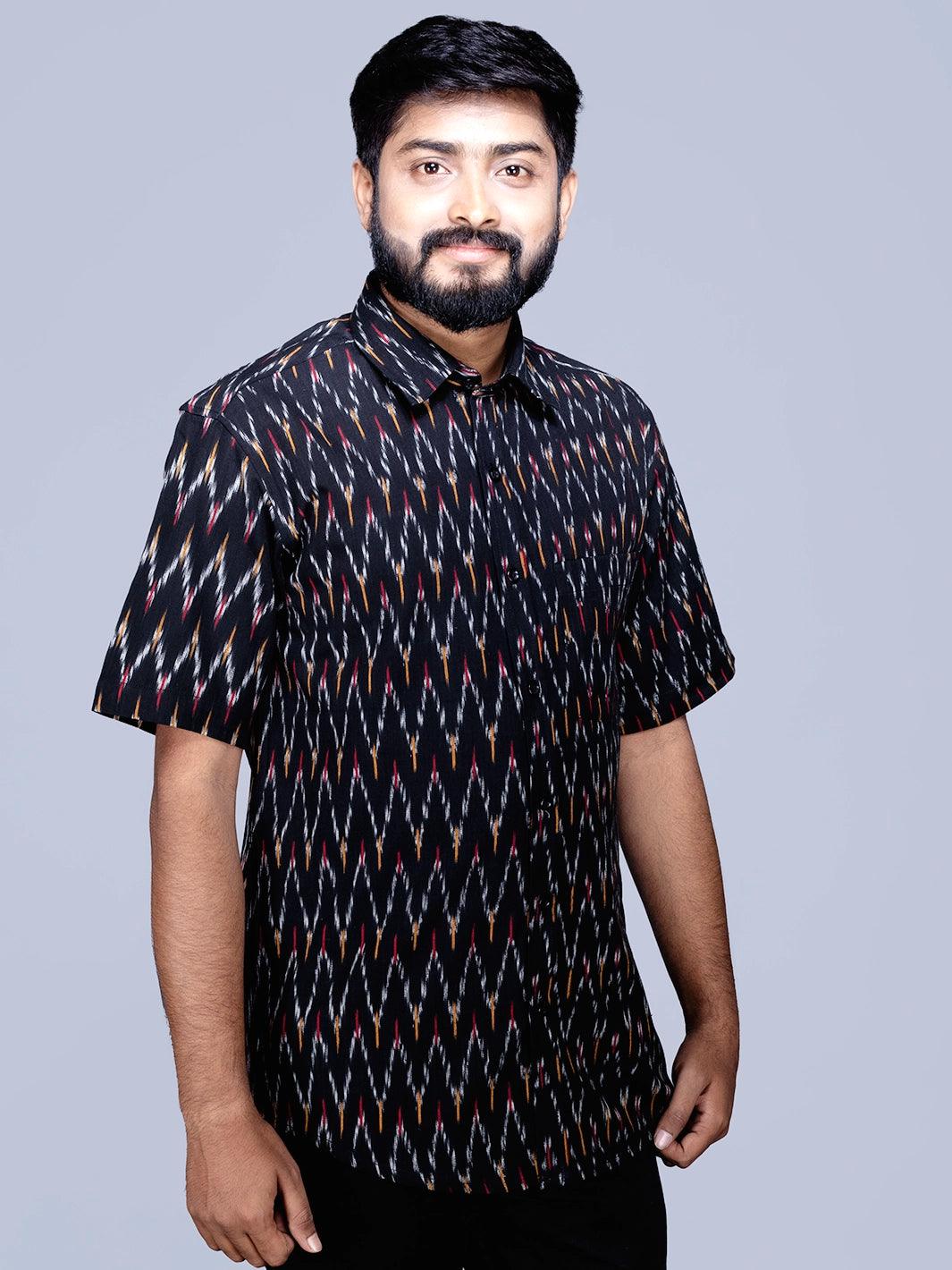 Black Handwoven Ikkat Cotton Men Shirt - WeaversIndia