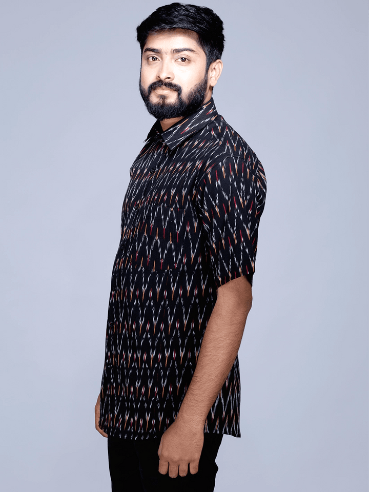 Black Handwoven Ikkat Cotton Men Shirt - WeaversIndia