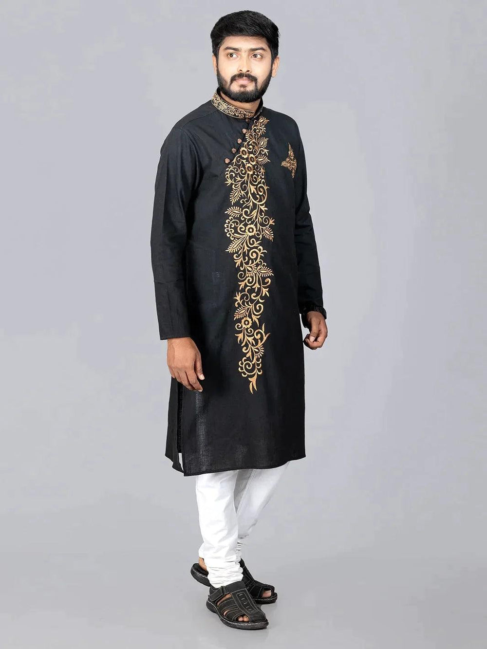Black Handwoven Organic Cotton Embroidered Men Kurta - WeaversIndia