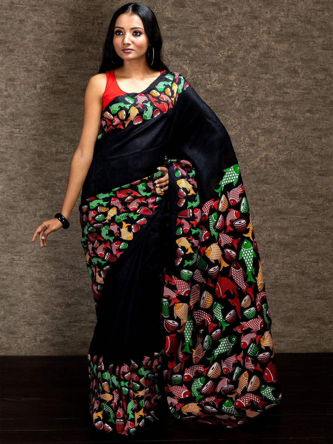 Black Pattachitra Printed Murshidabad Silk Saree - WeaversIndia