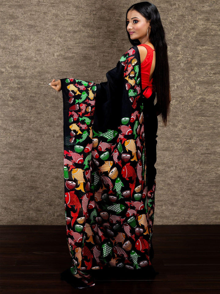 Black Pattachitra Printed Murshidabad Silk Saree - WeaversIndia
