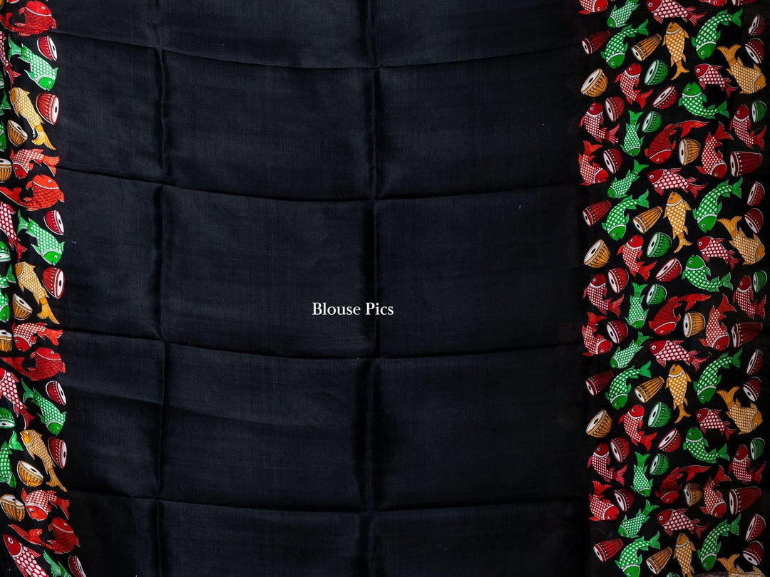 Black Pattachitra Printed Murshidabad Silk Saree - WeaversIndia