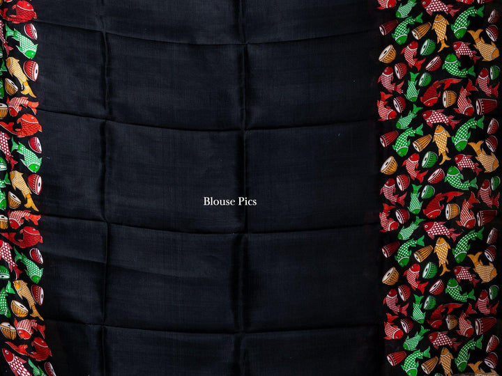 Black Pattachitra Printed Murshidabad Silk Saree - WeaversIndia