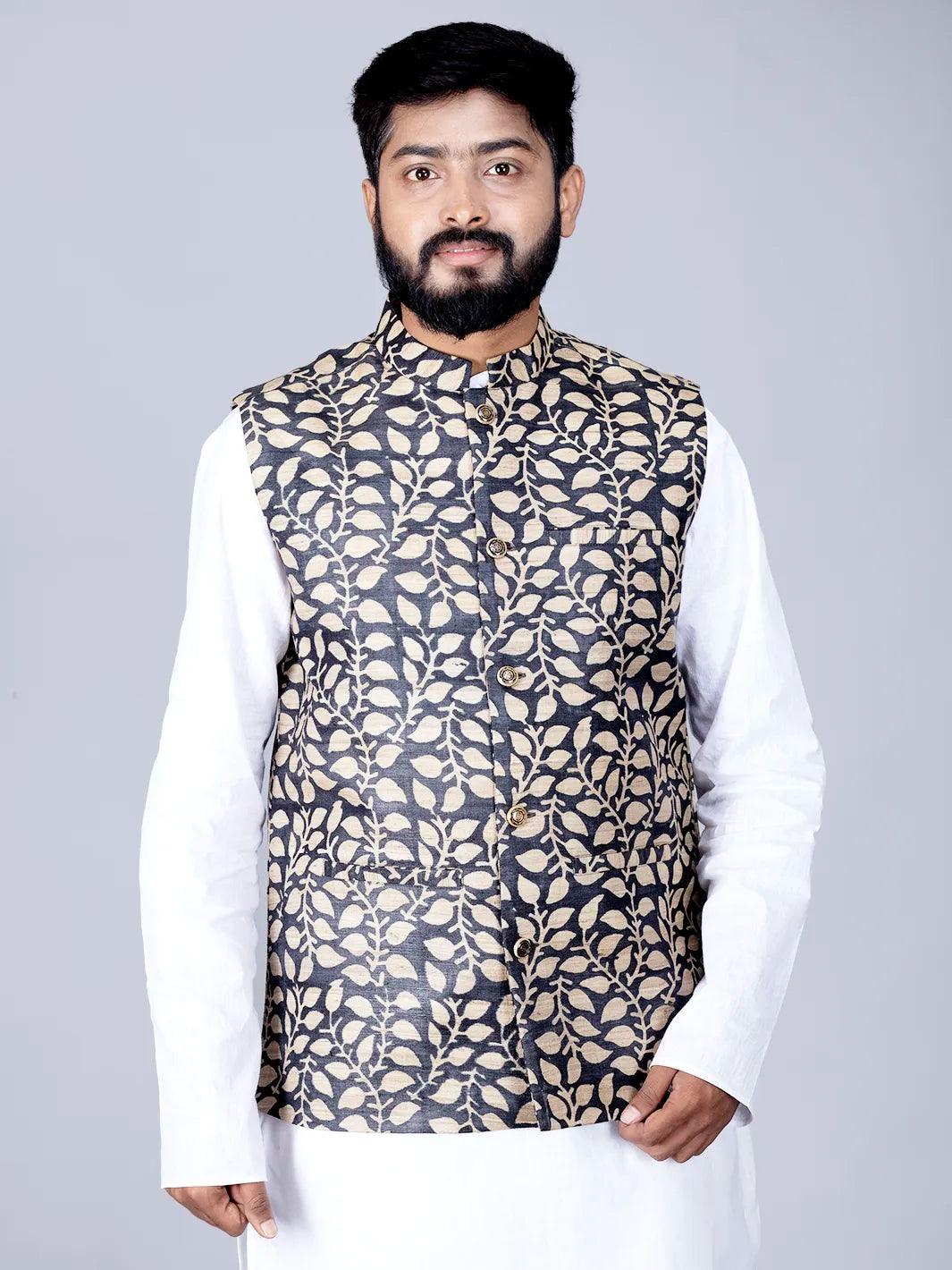 Black Printed Ghicha Silk Modi Jacket - WeaversIndia