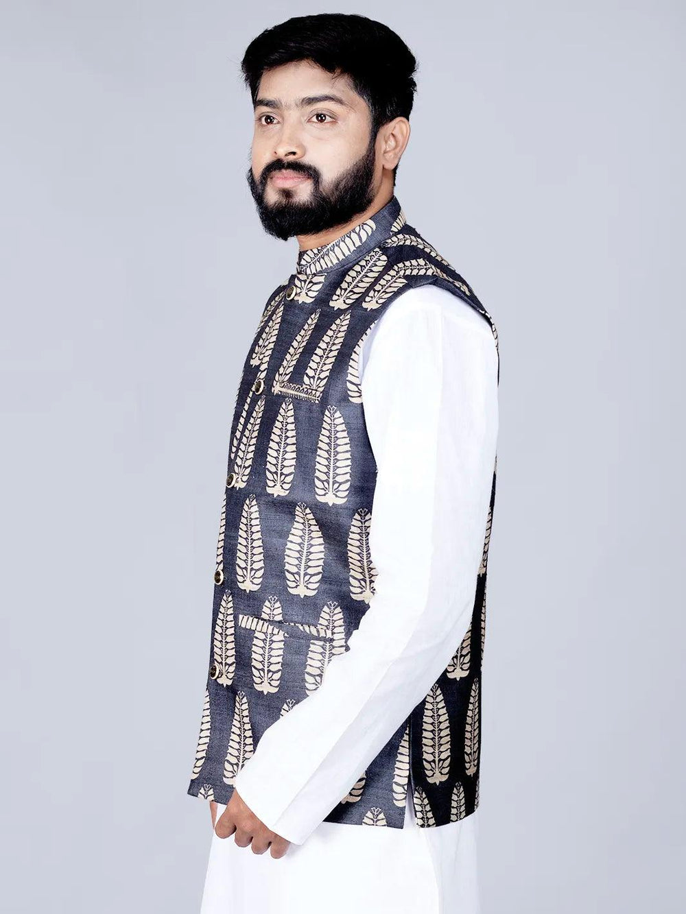 Black Printed Ghicha Silk Modi Jacket - WeaversIndia