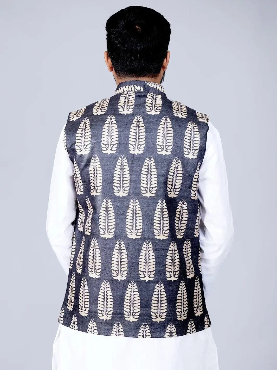Black Printed Ghicha Silk Modi Jacket - WeaversIndia