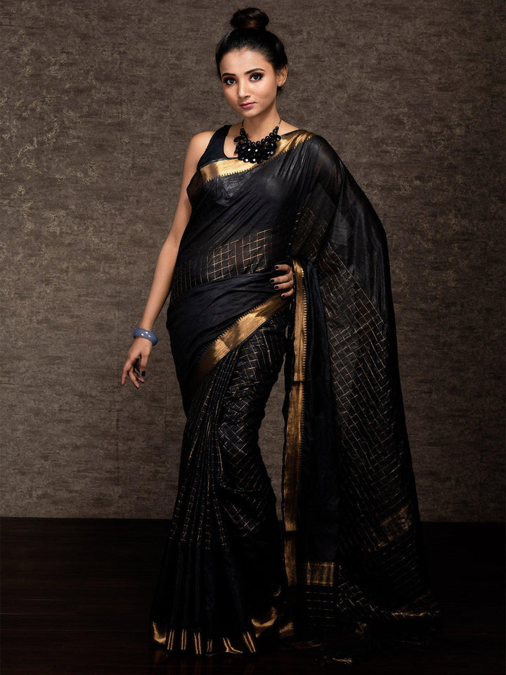 Black Woven Jari Checks Bhagalpuri Silk Saree - WeaversIndia