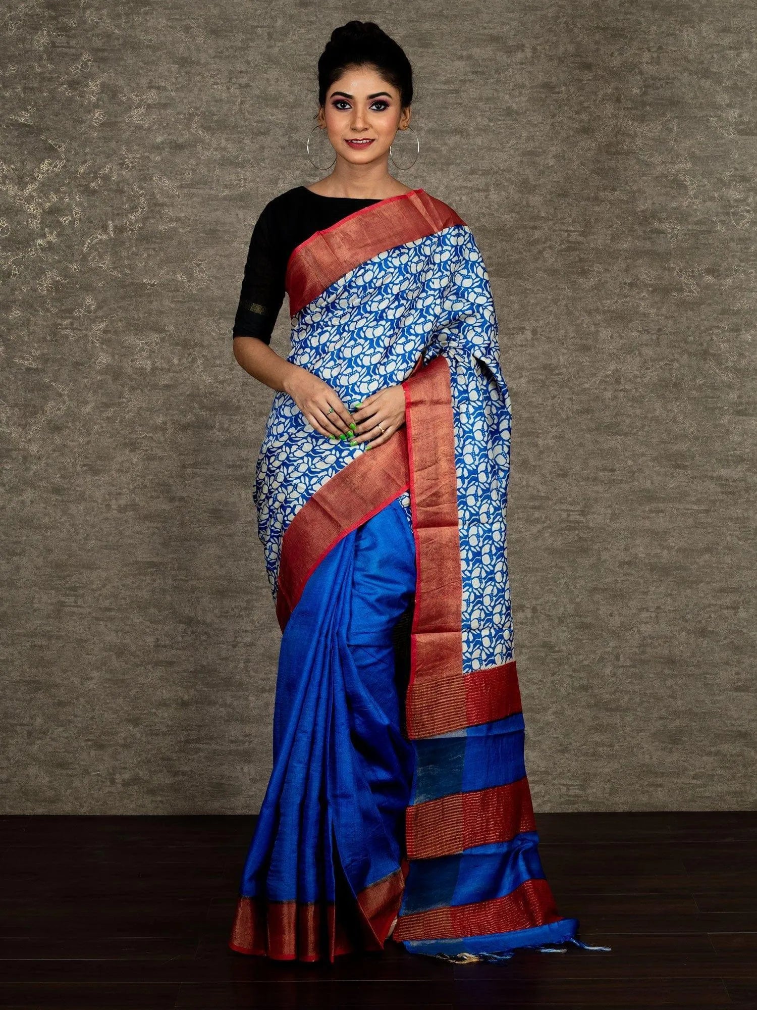 Blue Half Half Block Printed Tussar Silk Saree - WeaversIndia