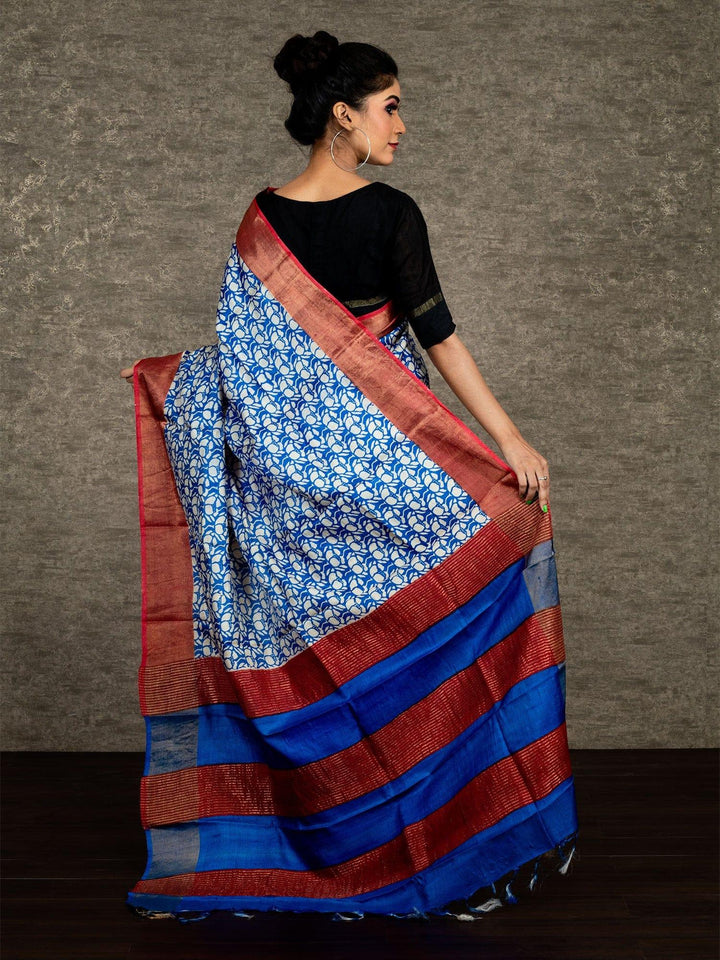Blue Half Half Block Printed Tussar Silk Saree - WeaversIndia