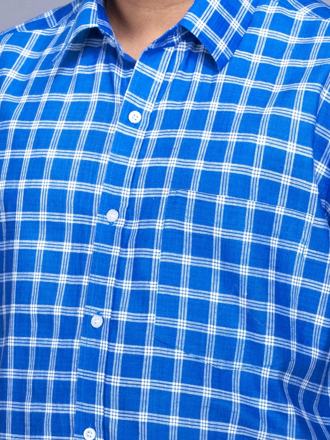 Blue Handwoven Organic Cotton Checks Fitted Men Shirt - WeaversIndia