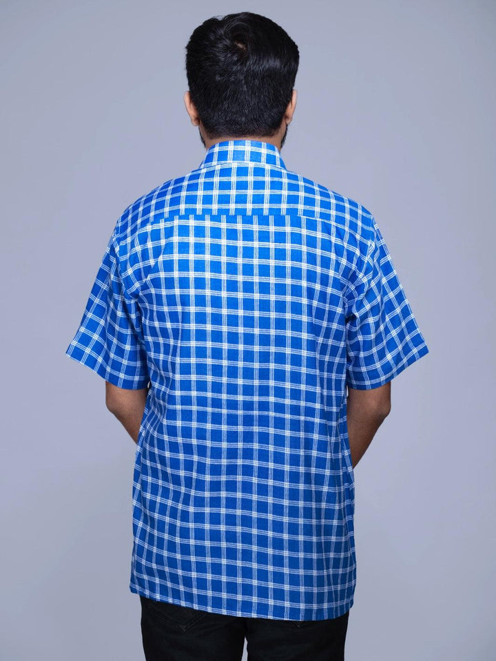 Blue Handwoven Organic Cotton Checks Fitted Men Shirt - WeaversIndia