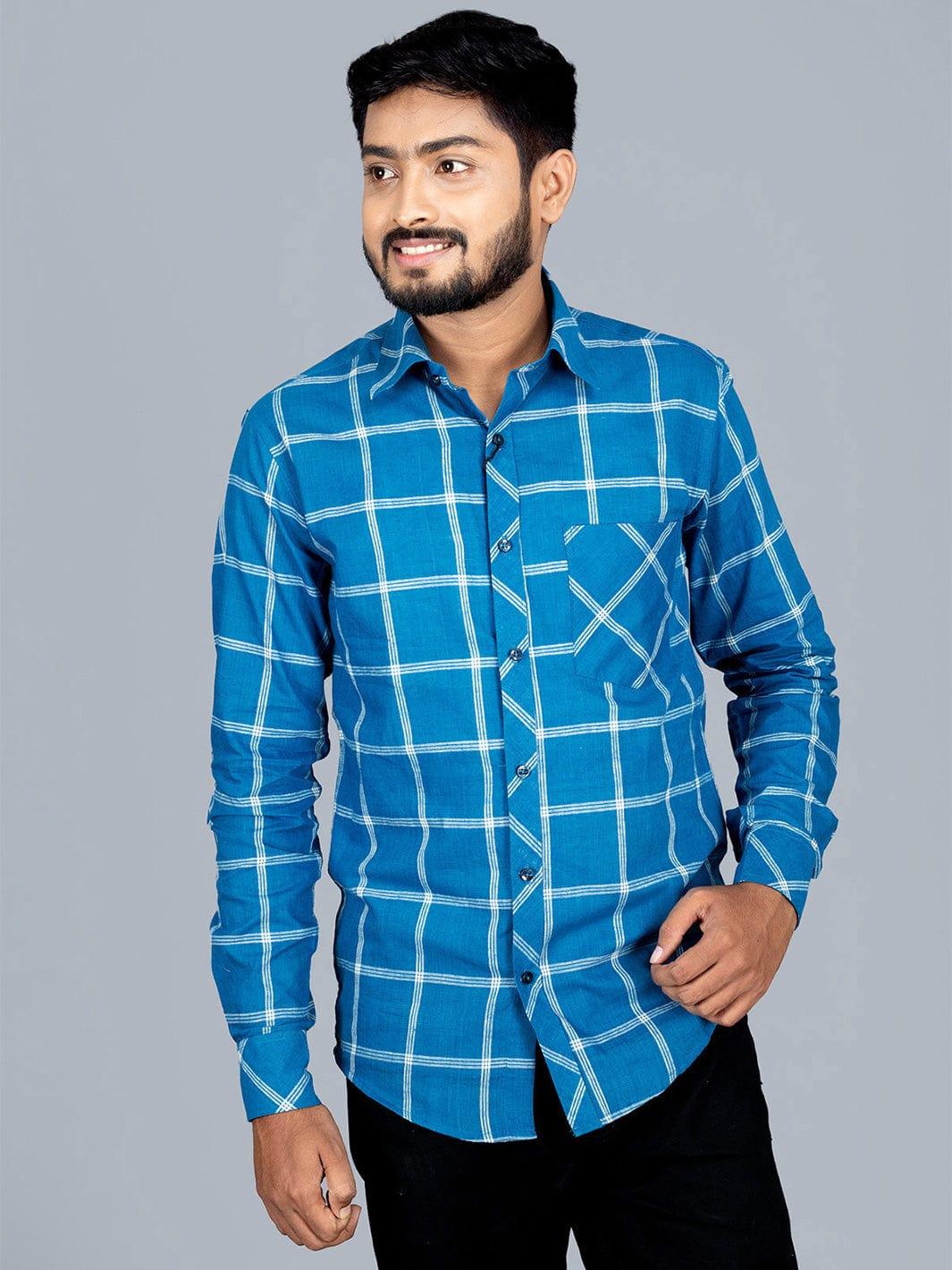Blue Handwoven Organic Cotton Checks Regular Fit Men Shirt - WeaversIndia