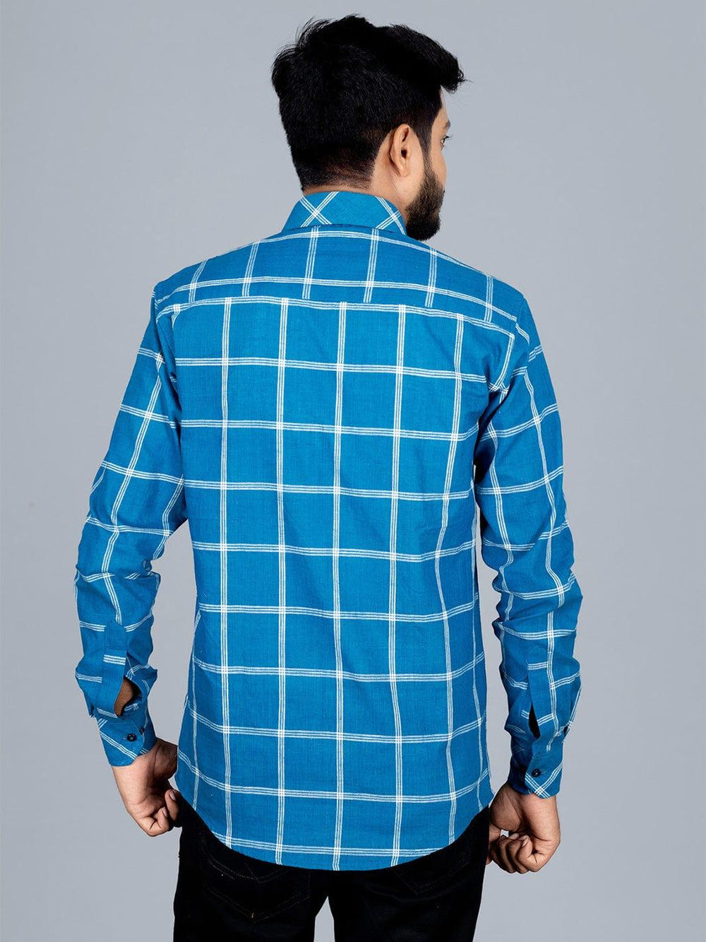 Blue Handwoven Organic Cotton Checks Regular Fit Men Shirt - WeaversIndia