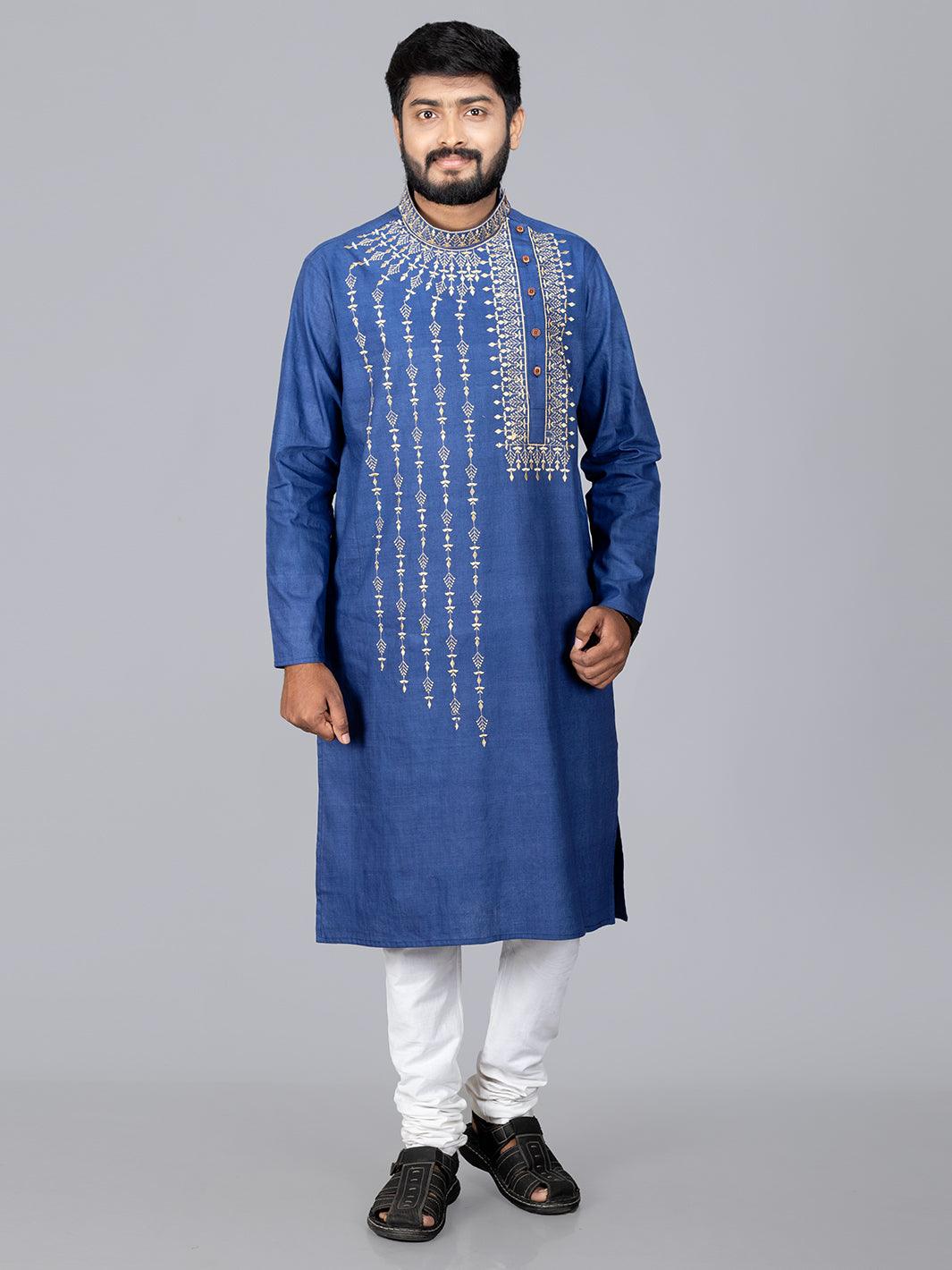 Blue Handwoven Organic Cotton Embroidered Men Kurta - WeaversIndia