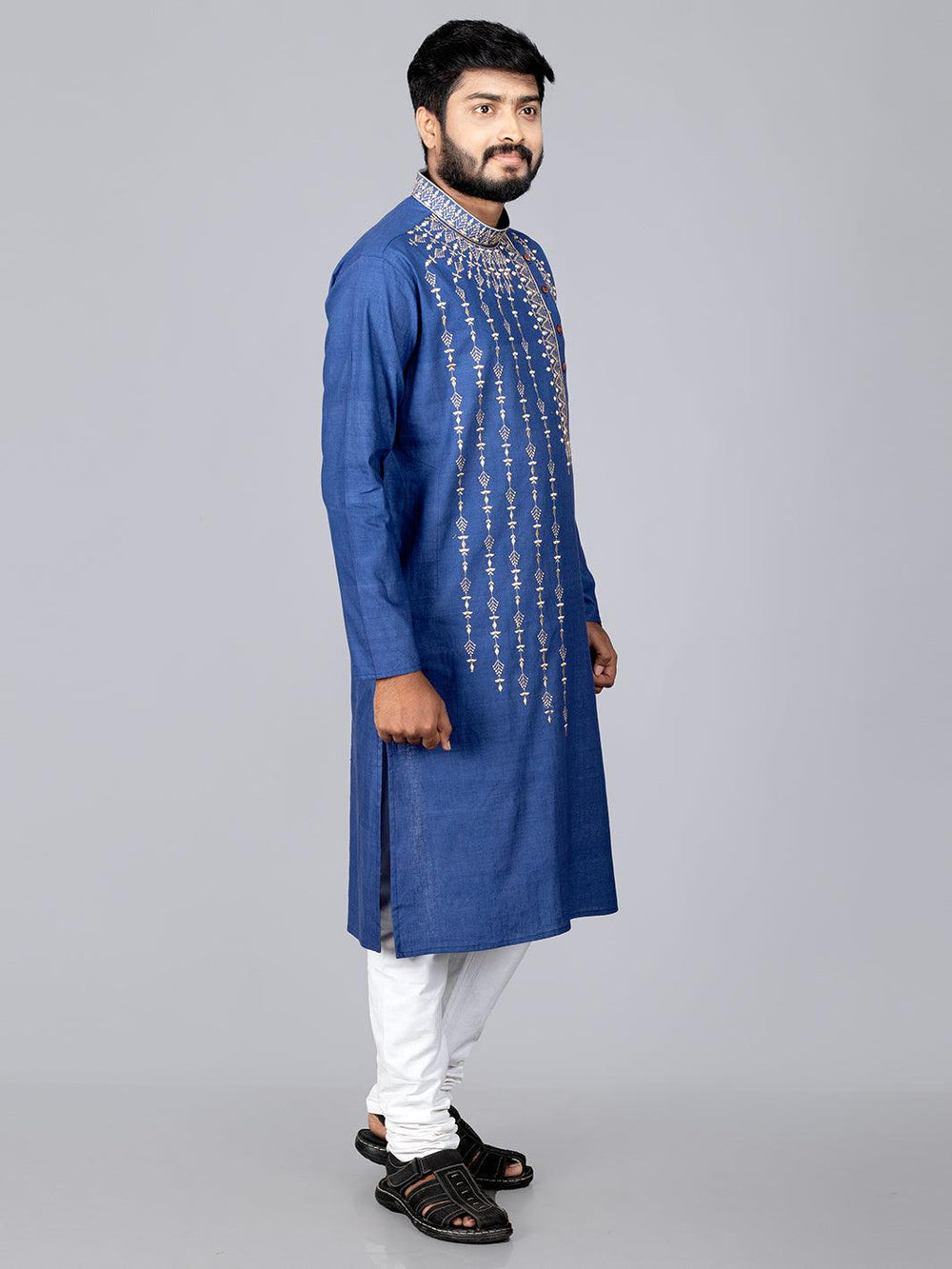 Blue Handwoven Organic Cotton Embroidered Men Kurta - WeaversIndia