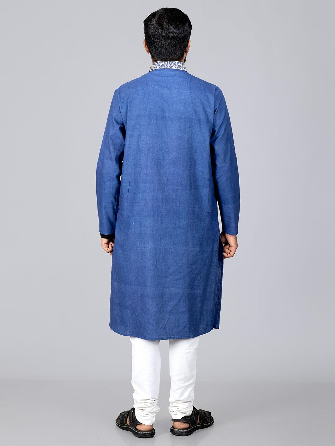 Blue Handwoven Organic Cotton Embroidered Men Kurta - WeaversIndia