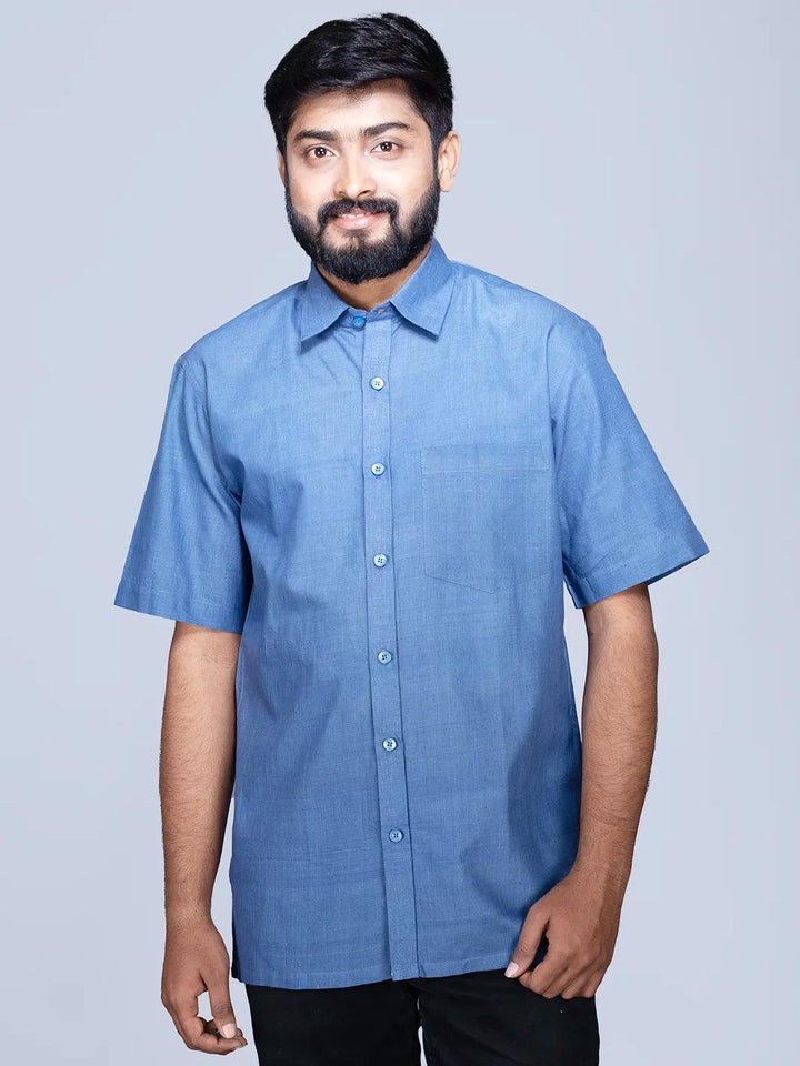 Blue Handwoven Organic Cotton Formal Men Shirt - WeaversIndia