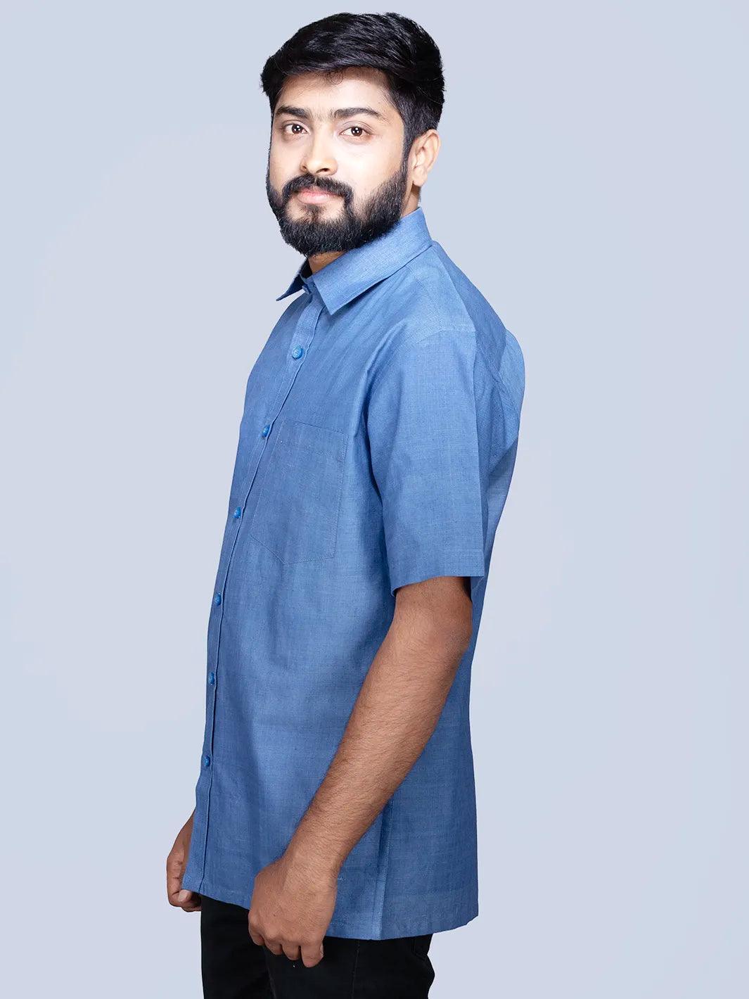 Blue Handwoven Organic Cotton Formal Men Shirt - WeaversIndia
