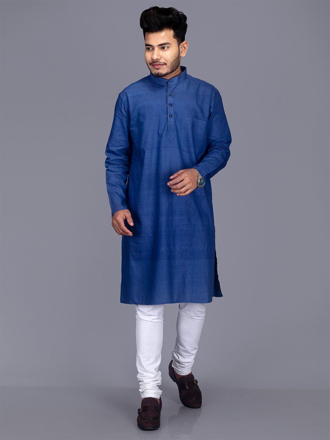 Blue Handwoven Organic Cotton Men Kurta - WeaversIndia