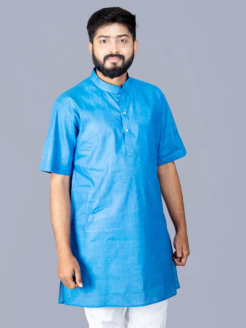 Blue Handwoven Organic Cotton Men Kurta - WeaversIndia