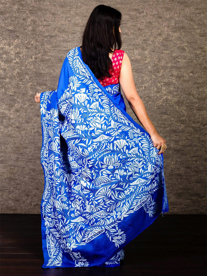 Blue Lotus Kantha Stitch Bangalore Silk Saree - WeaversIndia