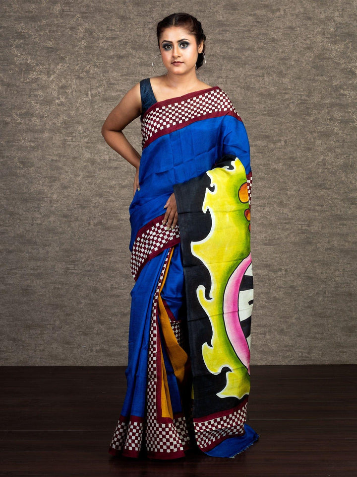 Blue Par Anchal Hand Painted Murshidabad Silk Saree - WeaversIndia