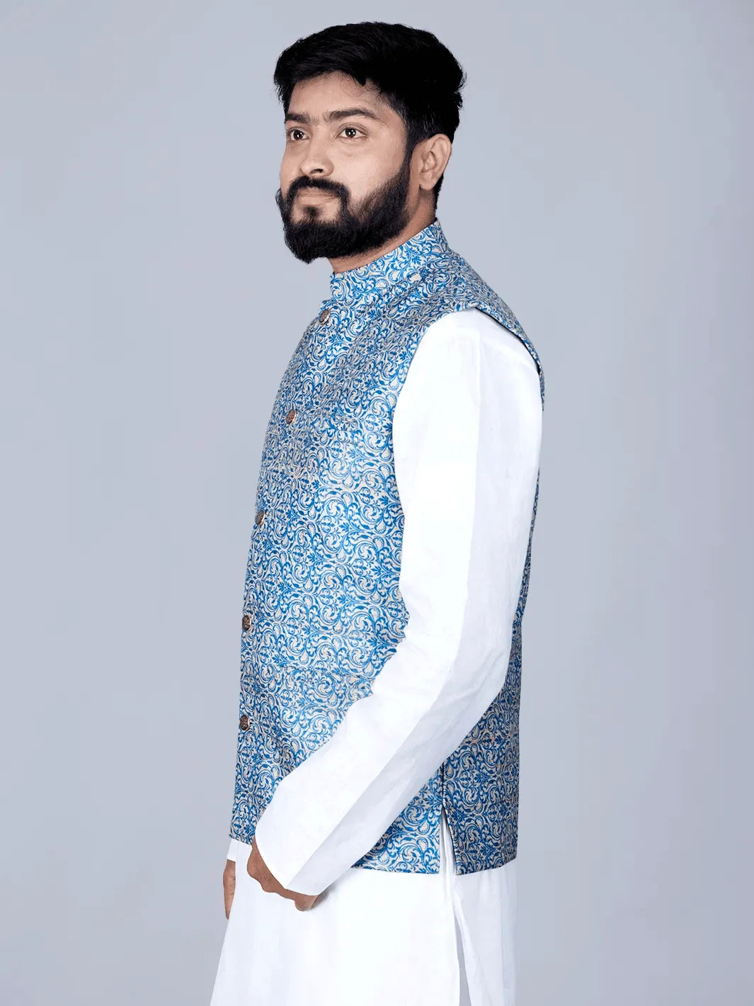 Blue Printed Ghicha Silk Modi Jacket - WeaversIndia