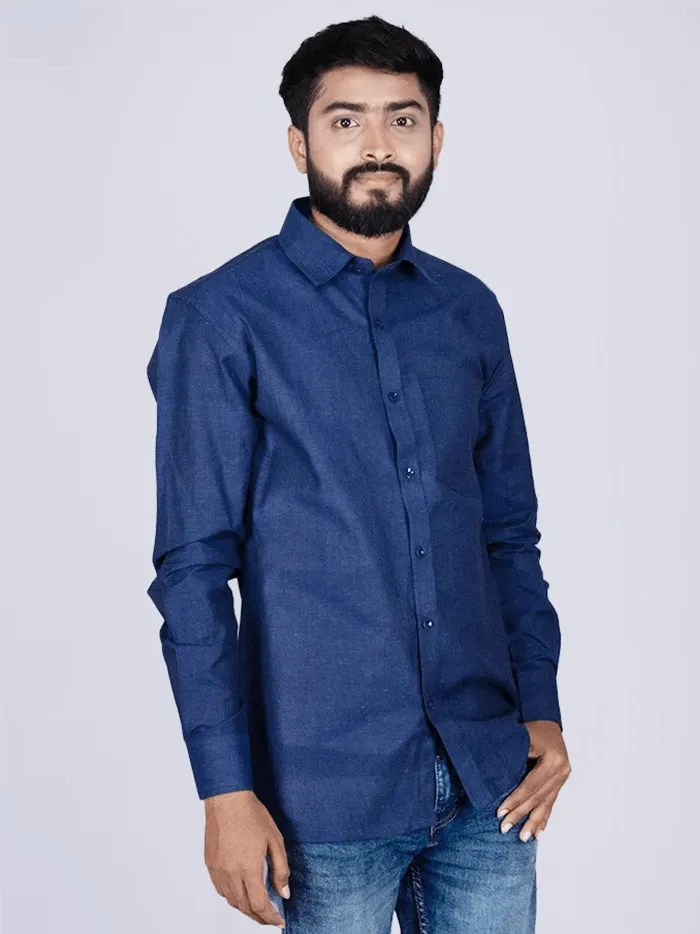 Blue Solid Handwoven Organic Cotton Men Full Sleeves Shirt - WeaversIndia