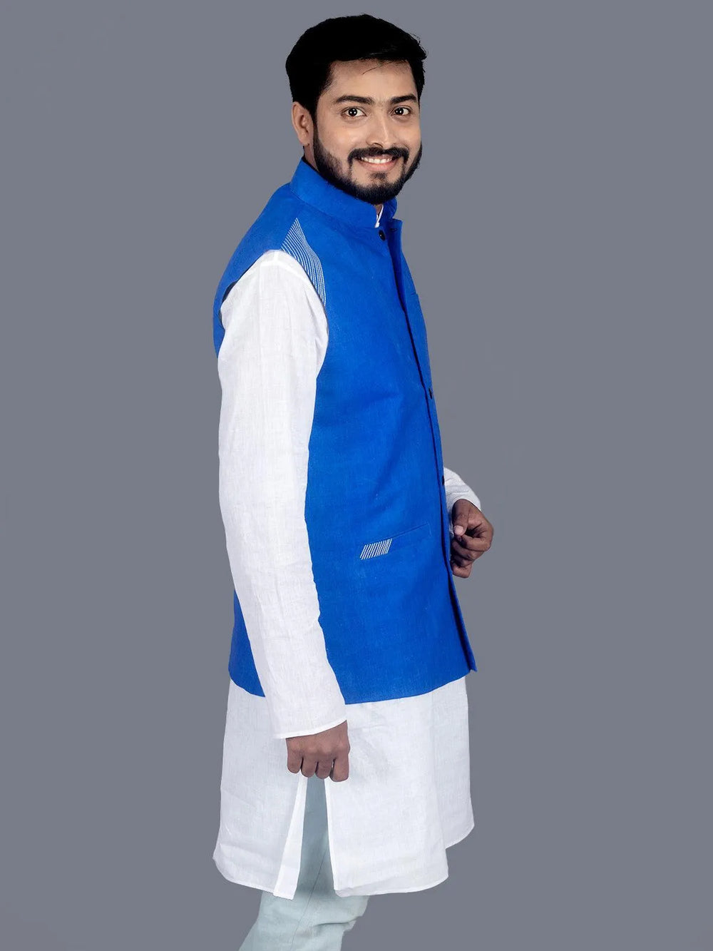 Blue Solid Matka Silk Modi Jacket - WeaversIndia