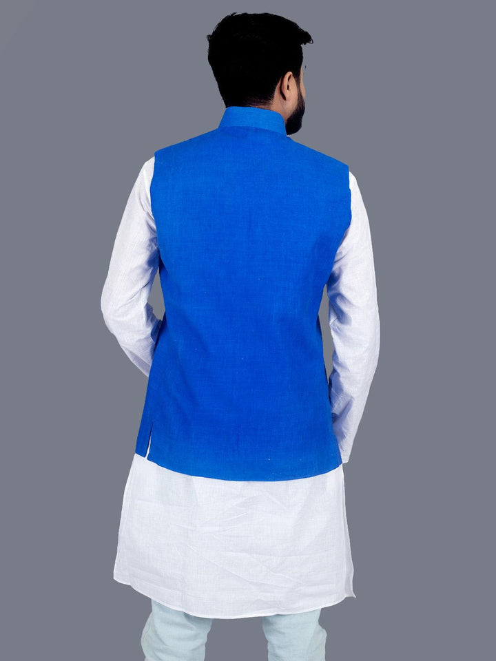 Blue Solid Matka Silk Modi Jacket - WeaversIndia