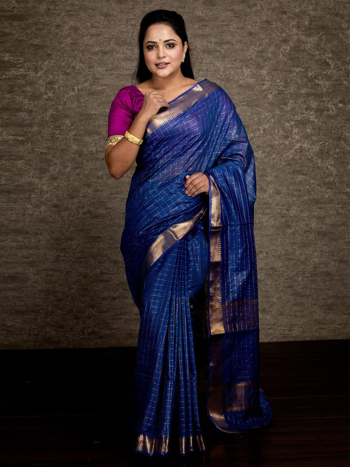 Blue Woven Jari Checks Bhagalpuri Silk Saree - WeaversIndia