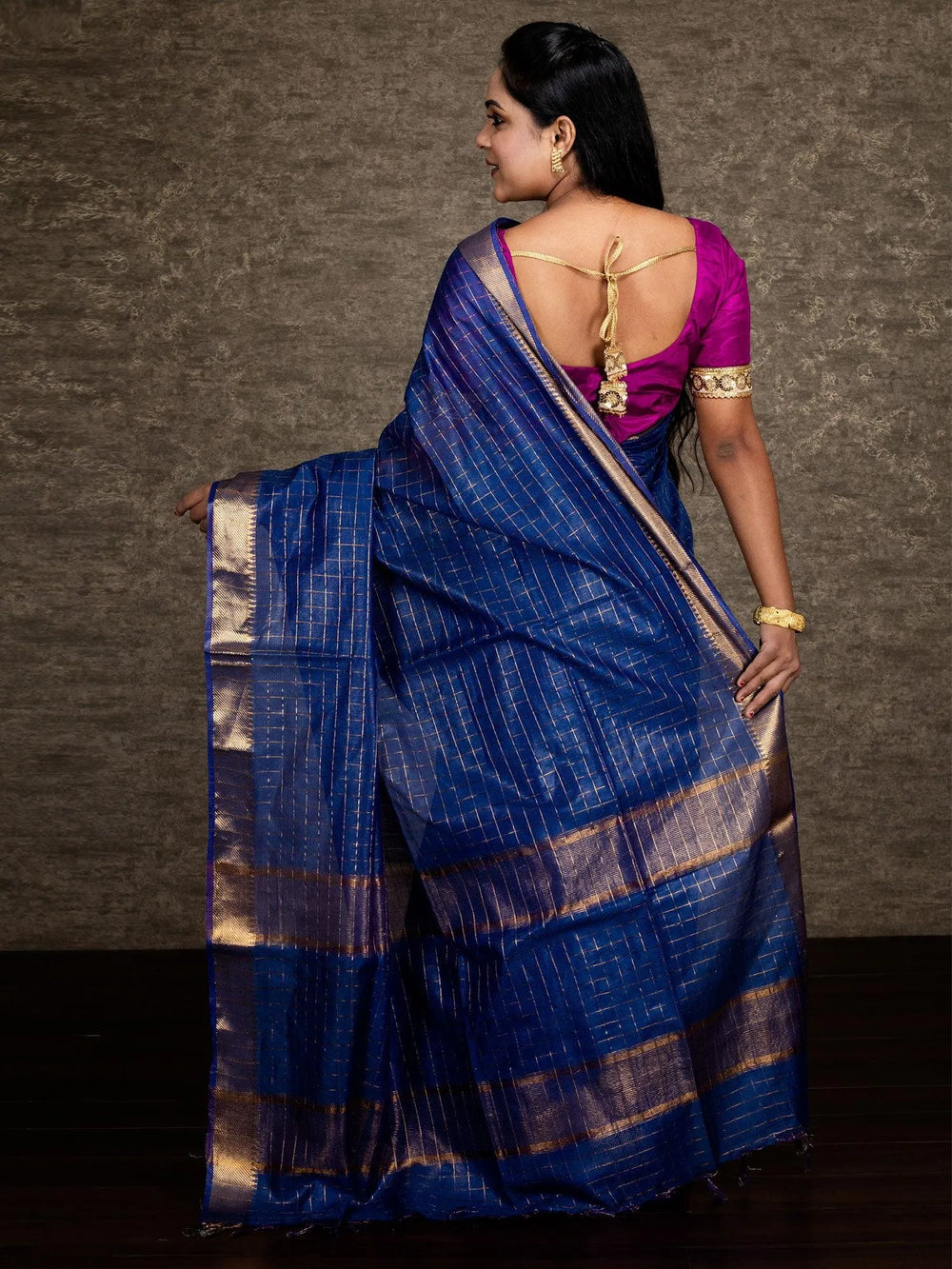 Blue Woven Jari Checks Bhagalpuri Silk Saree - WeaversIndia