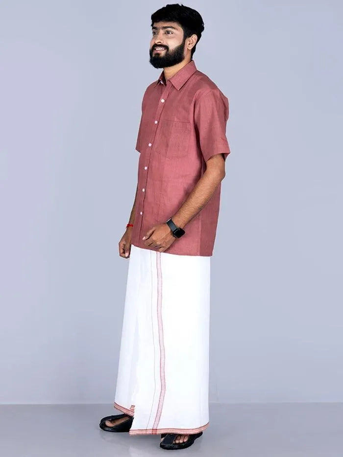 Brown Border Handwoven Fine Muslin Dhoti 3.65 Meter - WeaversIndia