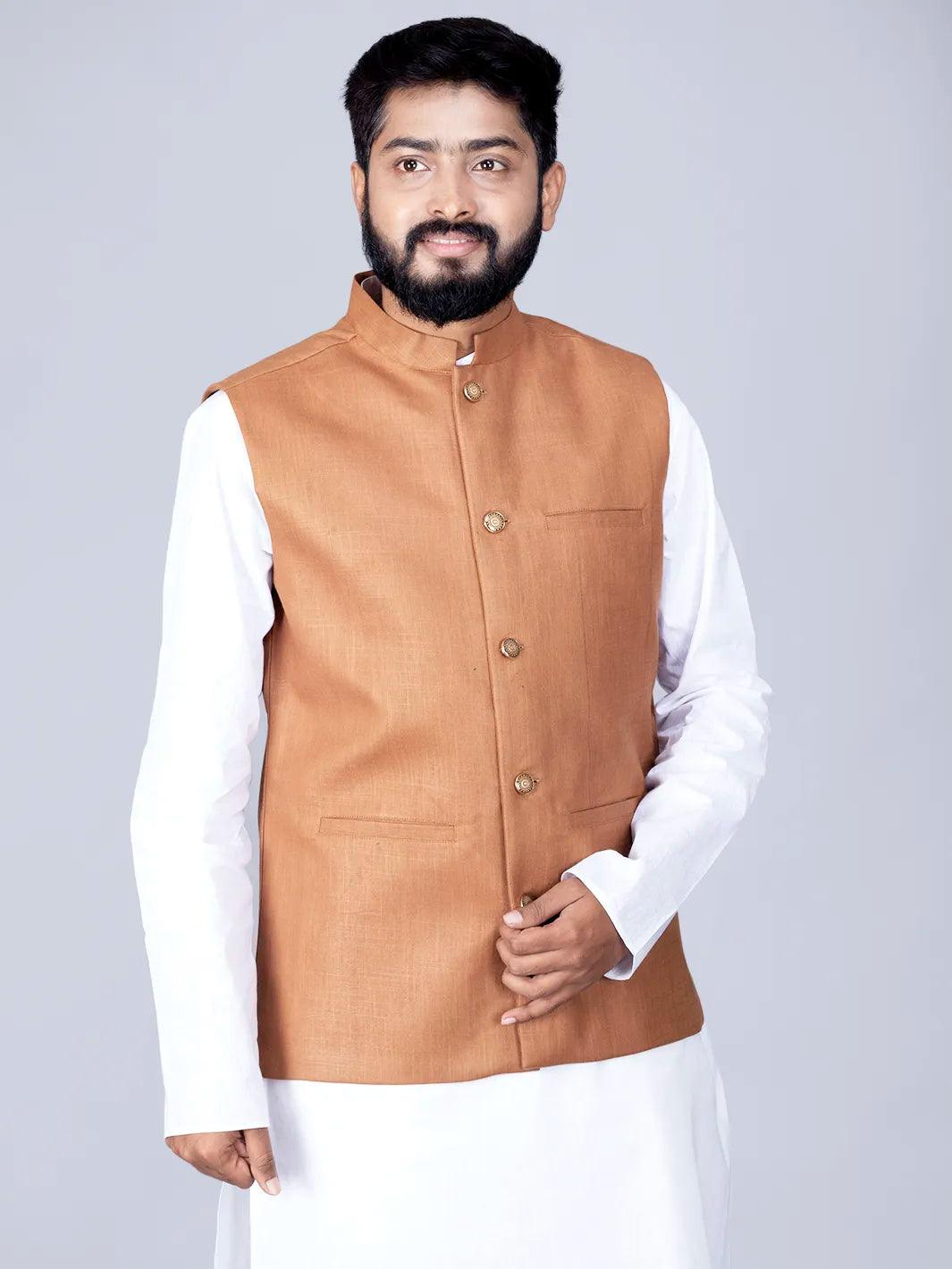 Brown Handwoven Cotton Modi Jacket - WeaversIndia