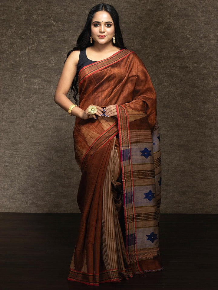 Brown Handwoven Matka Silk Jamdani Saree - WeaversIndia
