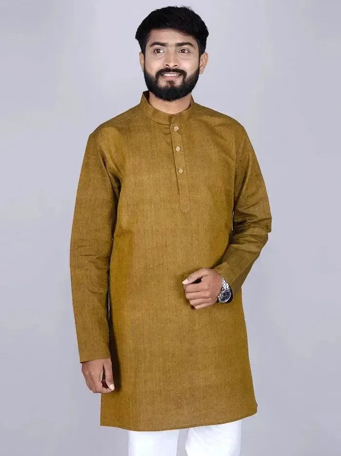 Brown Solid Handwoven Organic Cotton Men Kurta - WeaversIndia