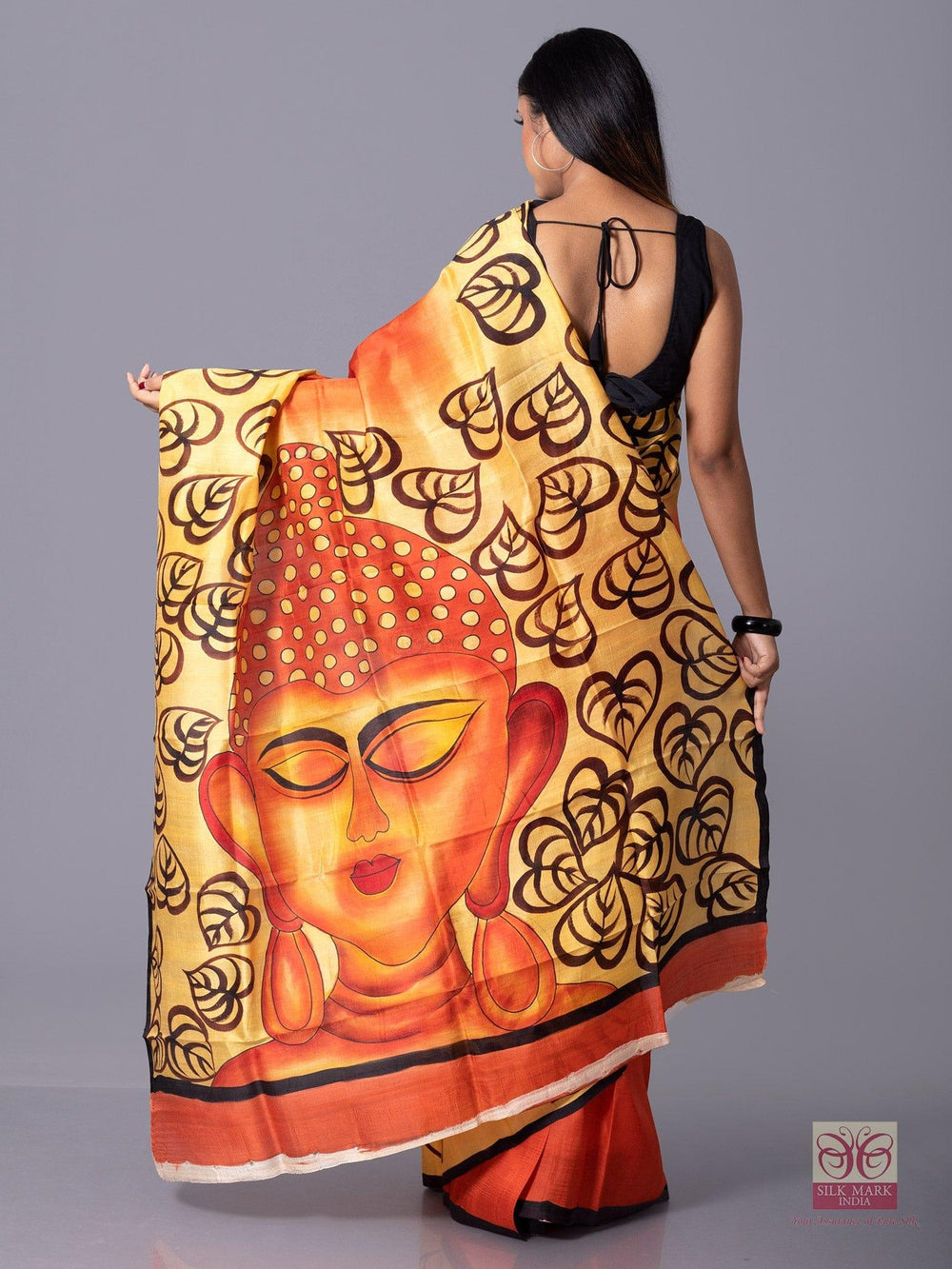 Buddha Motif Par Anchal Hand Painted Murshidabad Silk Saree - WeaversIndia