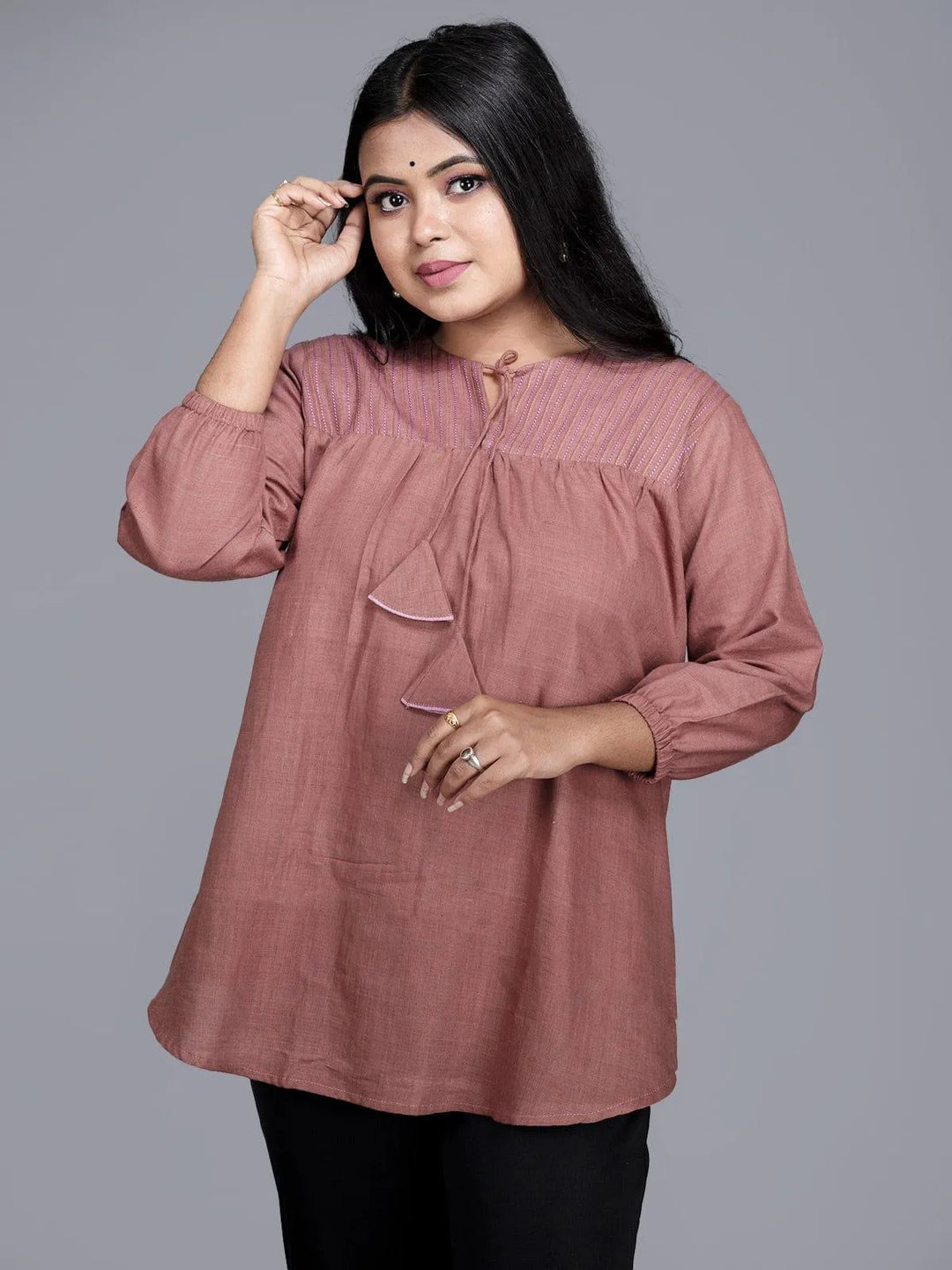 Burnish Brown Pintuck Handwoven Cotton Top - WeaversIndia