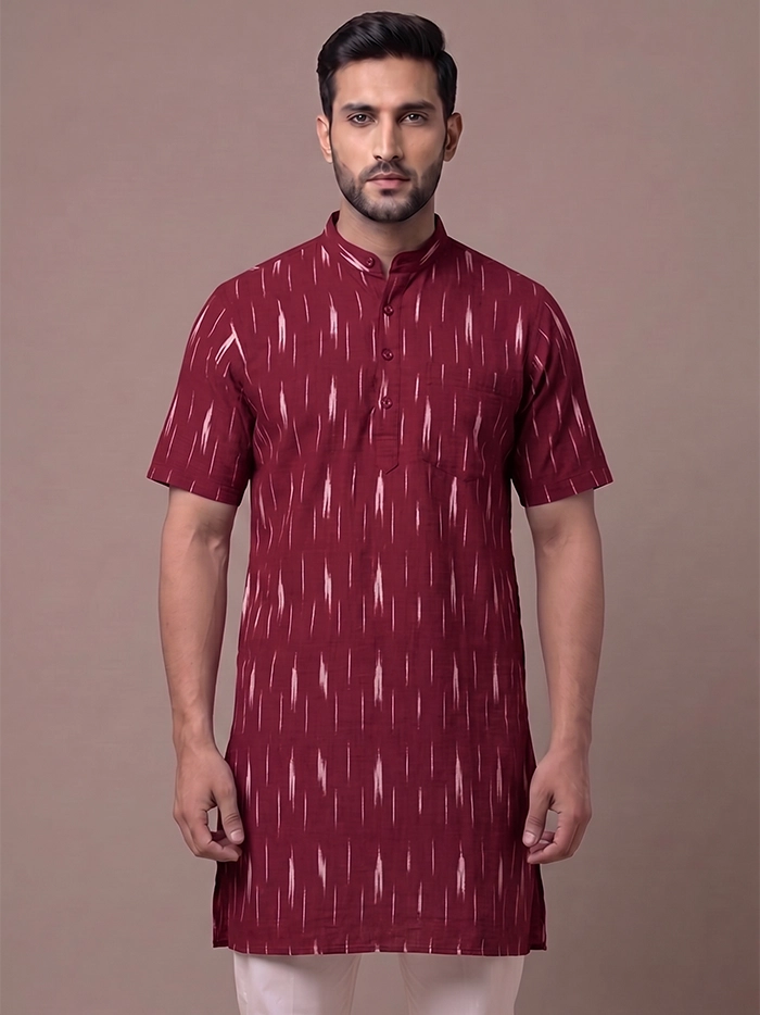 Maroon Organic Cotton Ikkat Half Sleeves Men Kurta