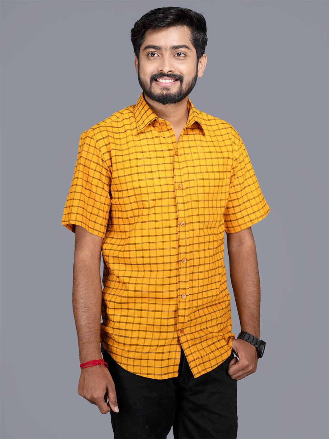 Cadmium Orange Handwoven Organic Cotton Checks Fitted Men Shirt - WeaversIndia