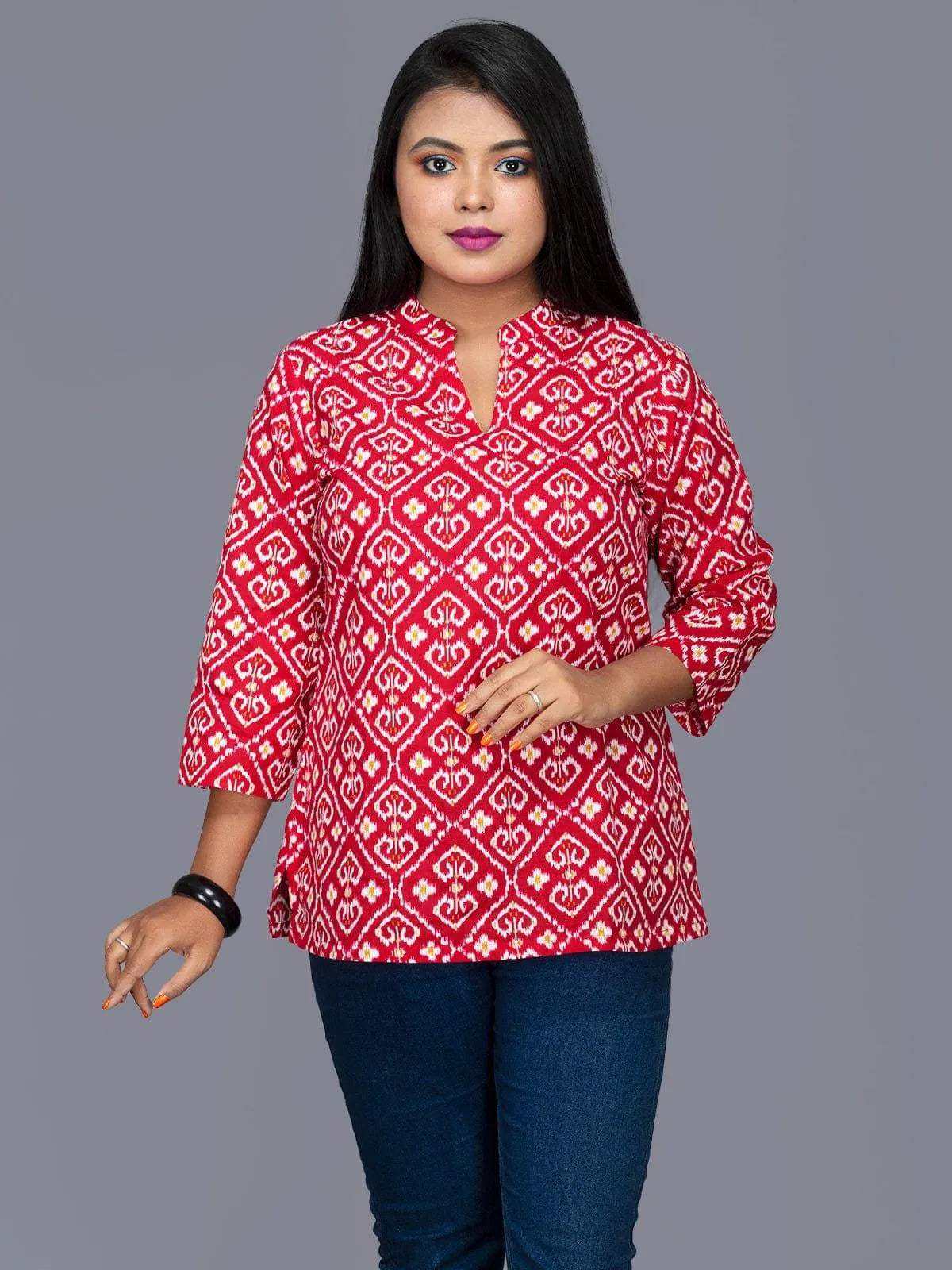 Cadmium Red Printed Cotton Top - WeaversIndia